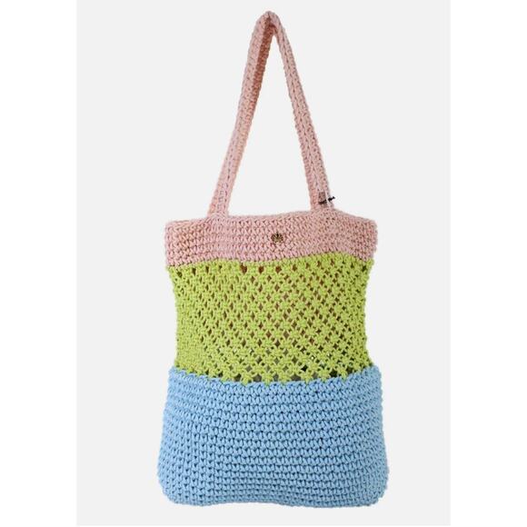 RARE Lele Sadoughi Pastel Colors Crochet Summer Vacation Tote Gold Logo - Picture 6 of 11